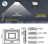 Diagram of a light fixture with pir sensor, showing detection range and installation height on a dark background.